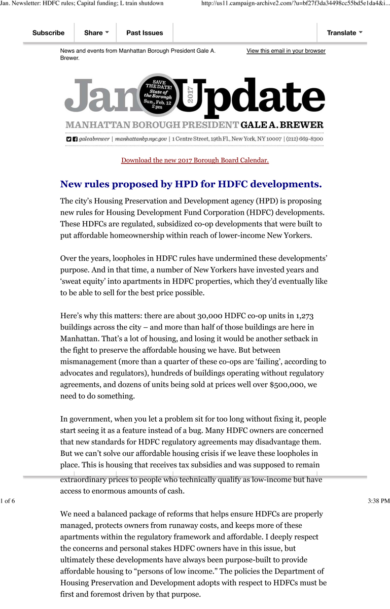 Jan. Newsletter: HDFC rules; Capital funding; L train shutdown